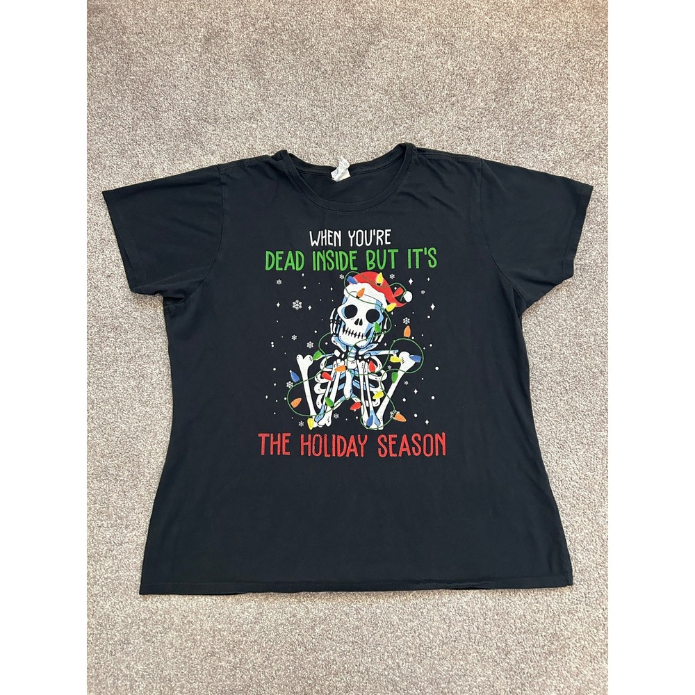 Christmas Graphic Tee Womens XXL Black Excellent Dead Inside Skeleton Christmas
